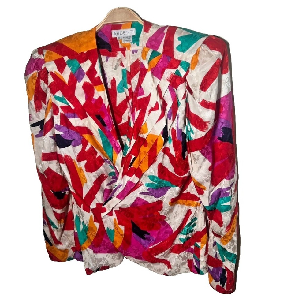 Pat Argenti Vintage 70s 80s silk‎ bold colorful double breasted blazer size 10
